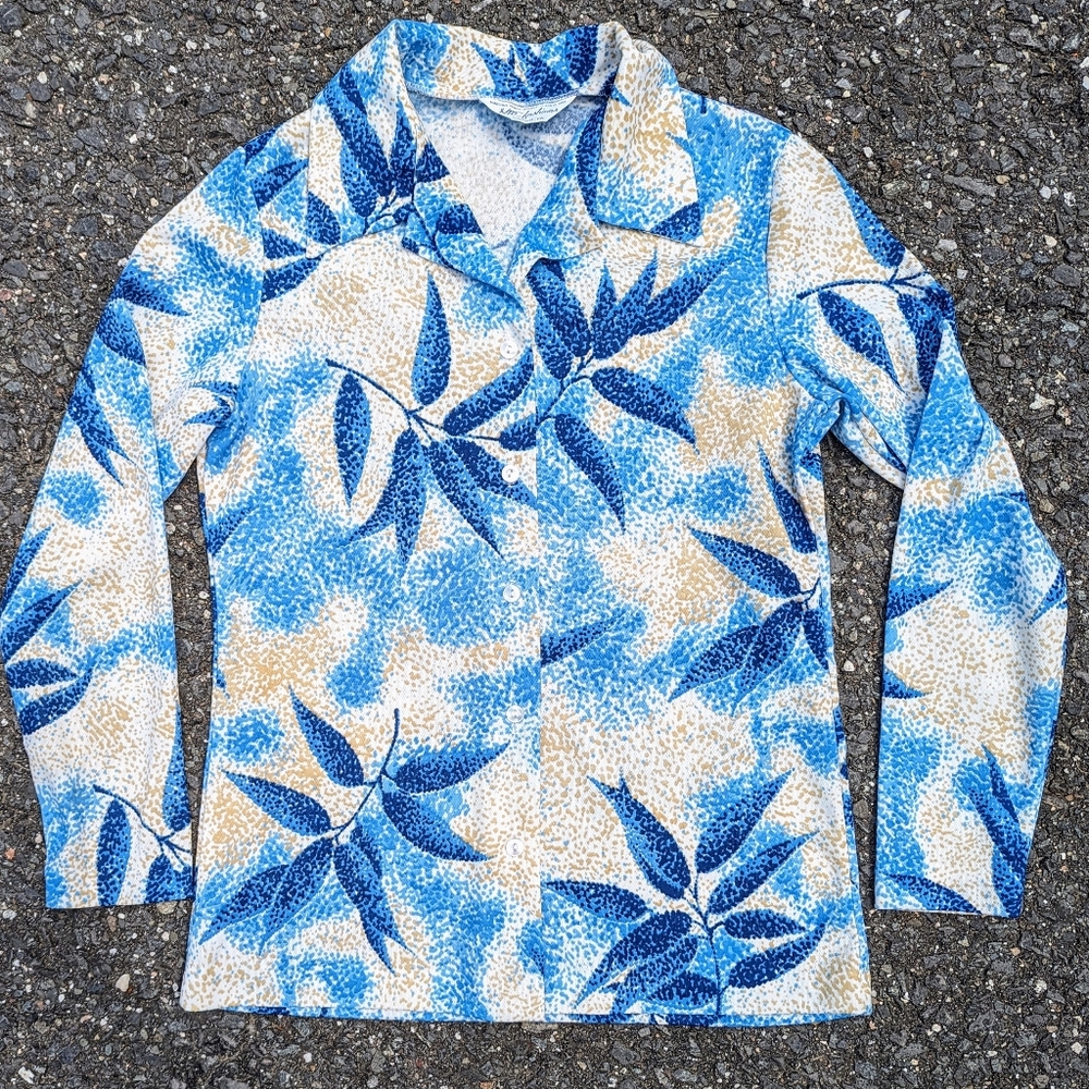 Vintage 1970s Blue Brown Leaf Pointillism Polyester Button Down Shirt M Retro